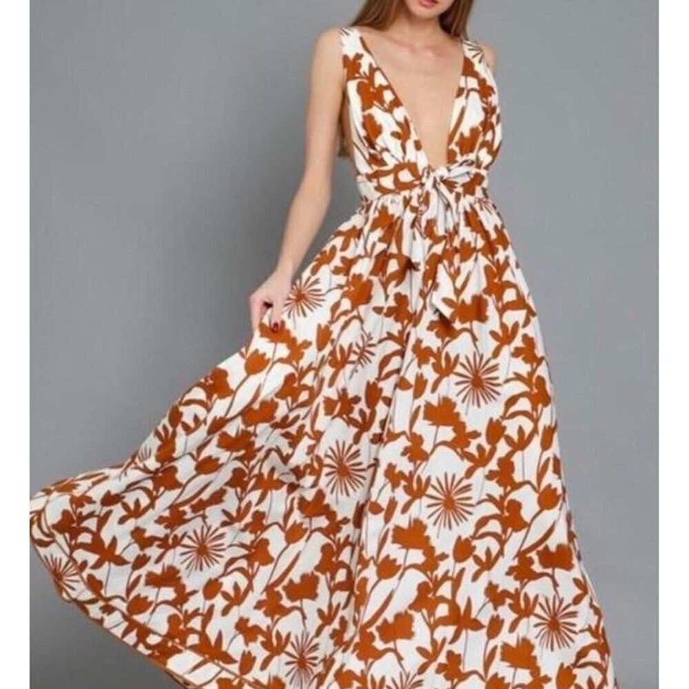 Aakaa Floral Maxi Dress Women Sz S Reddish Brown & White Summer